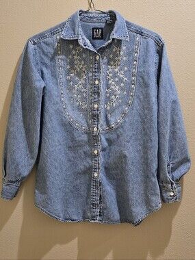 Vintage GAP Embroidered Denim Shirt Medium Wash Western Floral Bib Blouse 90s